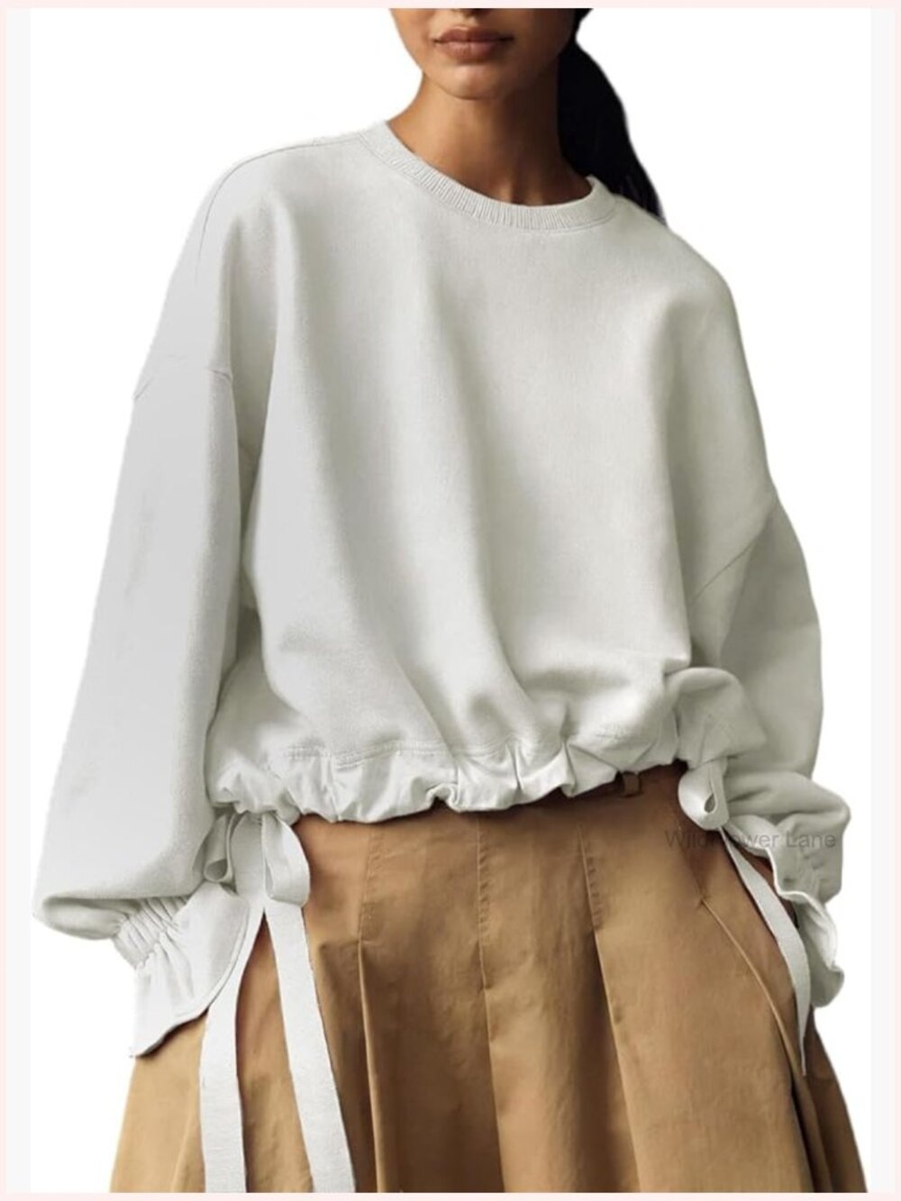 Oversized Crewneck Sweatshirt with Drawstring Hem Ruffle Cuff Pullover Blouse - Picture 1 of 6